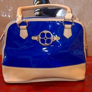 Iman Faux blue Patent & Tan  Satchel Handbag Purse